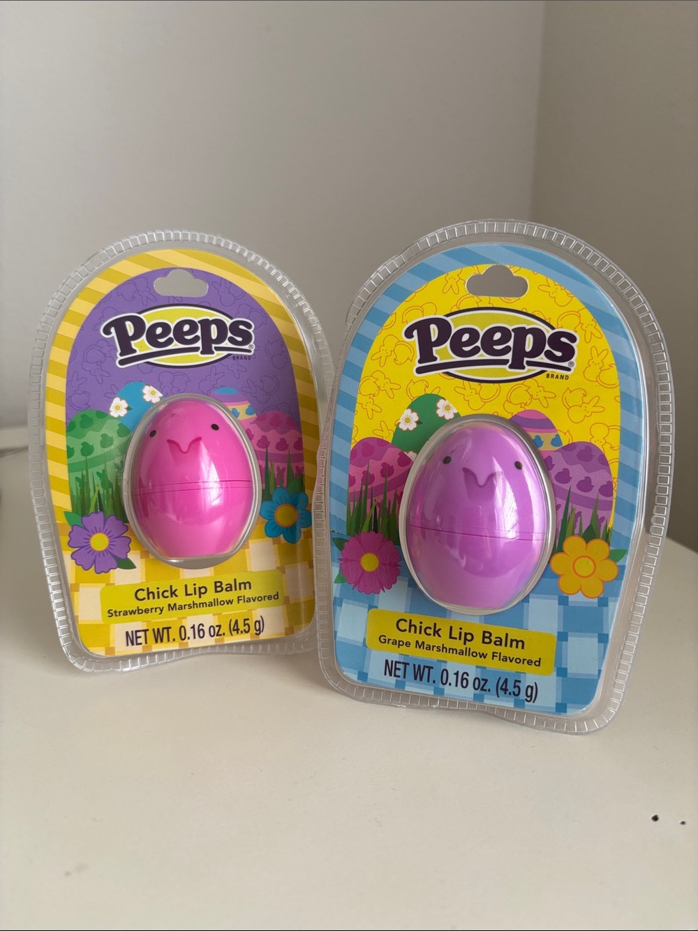 2 Peeps Pink & Purple Chick shaped Lip Balm Grape & Strawberry Marshmallow New